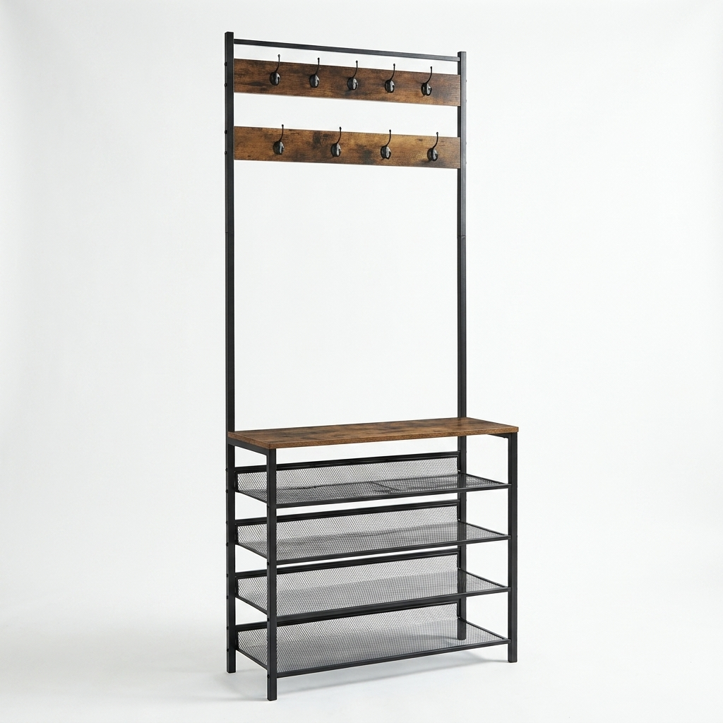 Hall Tree Coat Rack Stand with 5 Tier Shoe Bench - Hallway Entryway Shoe Storage Organiser