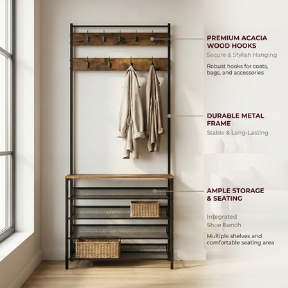 Hall Tree Coat Rack Stand with 5 Tier Shoe Bench - Hallway Entryway Shoe Storage Organiser