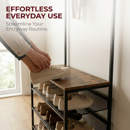 Hall Tree Coat Rack Stand with 5 Tier Shoe Bench - Hallway Entryway Shoe Storage Organiser