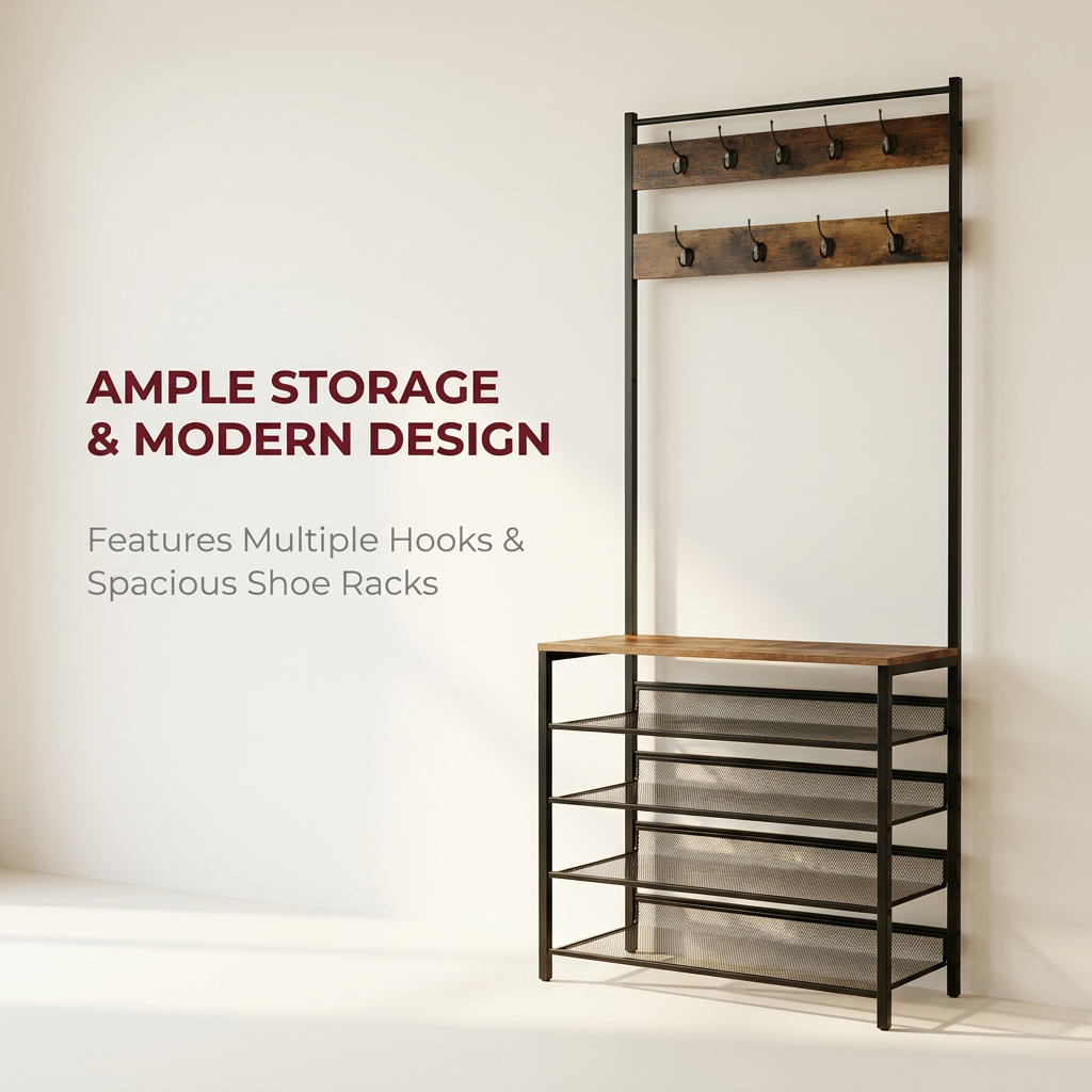 Hall Tree Coat Rack Stand with 5 Tier Shoe Bench - Hallway Entryway Shoe Storage Organiser