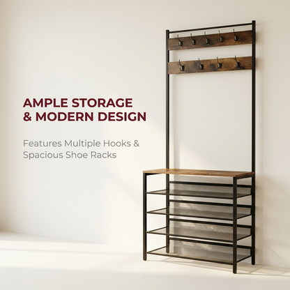 Hall Tree Coat Rack Stand with 5 Tier Shoe Bench - Hallway Entryway Shoe Storage Organiser
