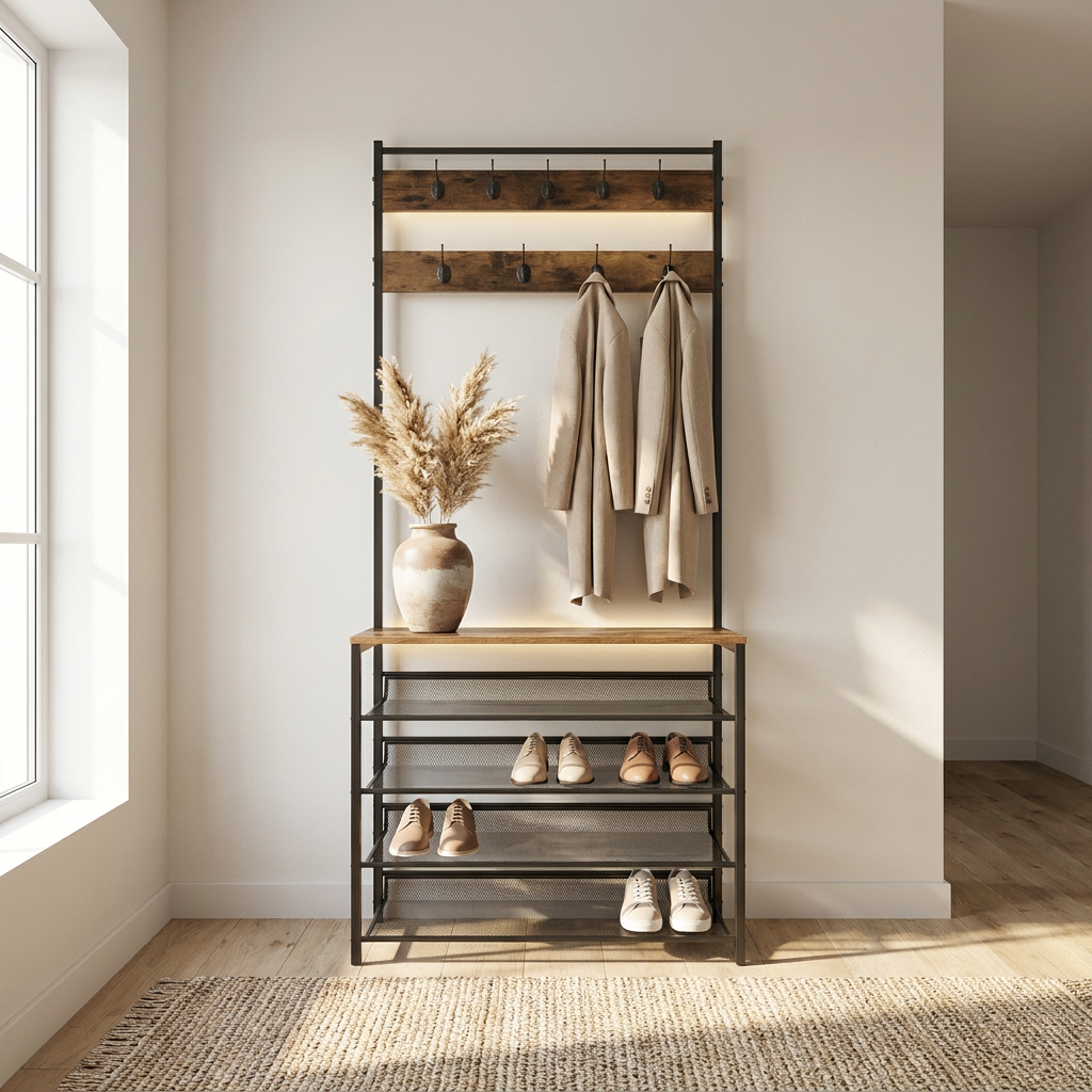Hall Tree Coat Rack Stand with 5 Tier Shoe Bench - Hallway Entryway Shoe Storage Organiser
