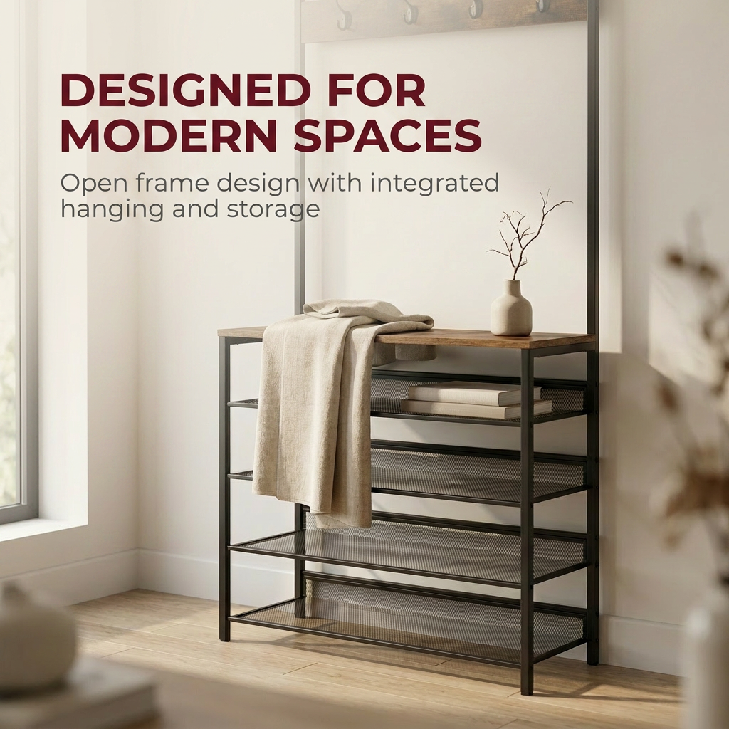 Hall Tree Coat Rack Stand with 5 Tier Shoe Bench - Hallway Entryway Shoe Storage Organiser