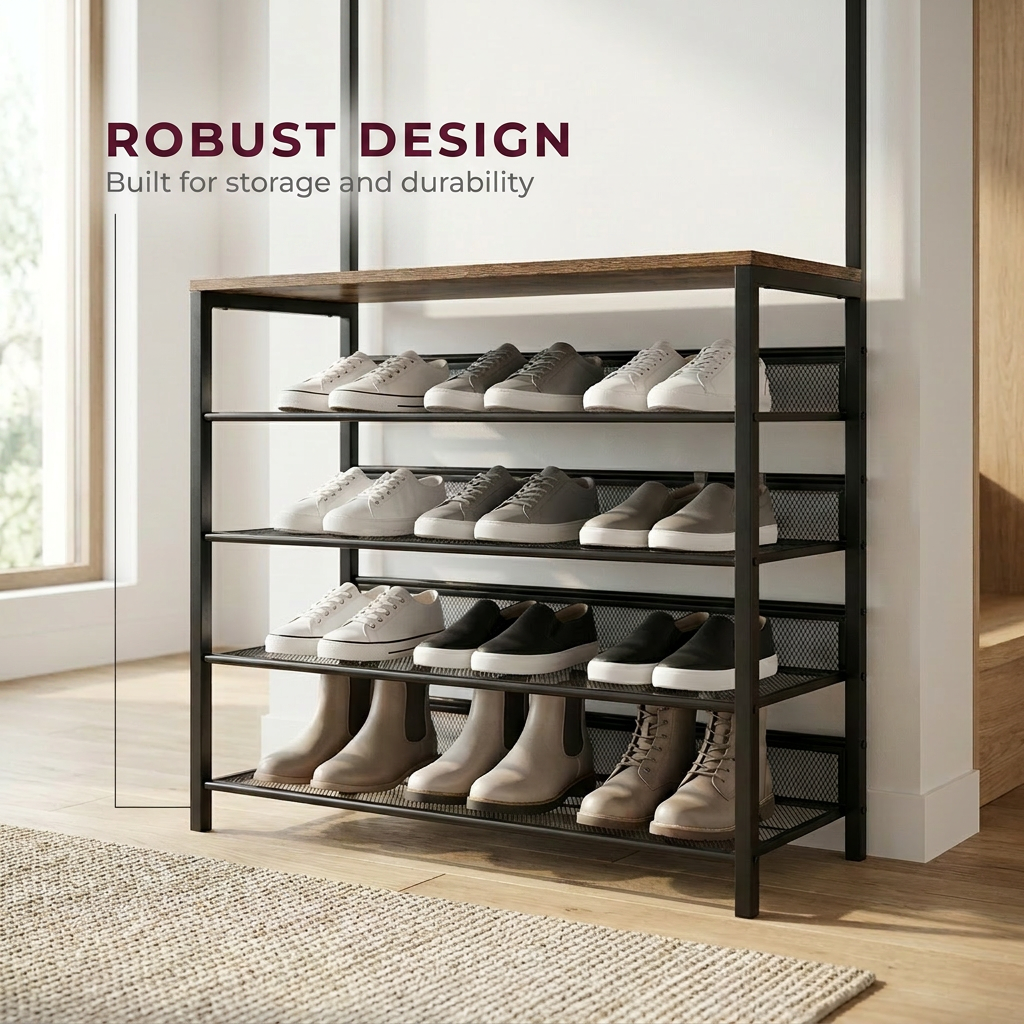 Hall Tree Coat Rack Stand with 5 Tier Shoe Bench - Hallway Entryway Shoe Storage Organiser