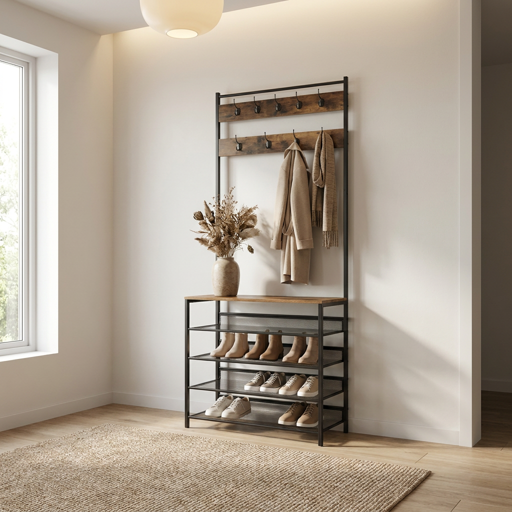 Hall Tree Coat Rack Stand with 5 Tier Shoe Bench - Hallway Entryway Shoe Storage Organiser