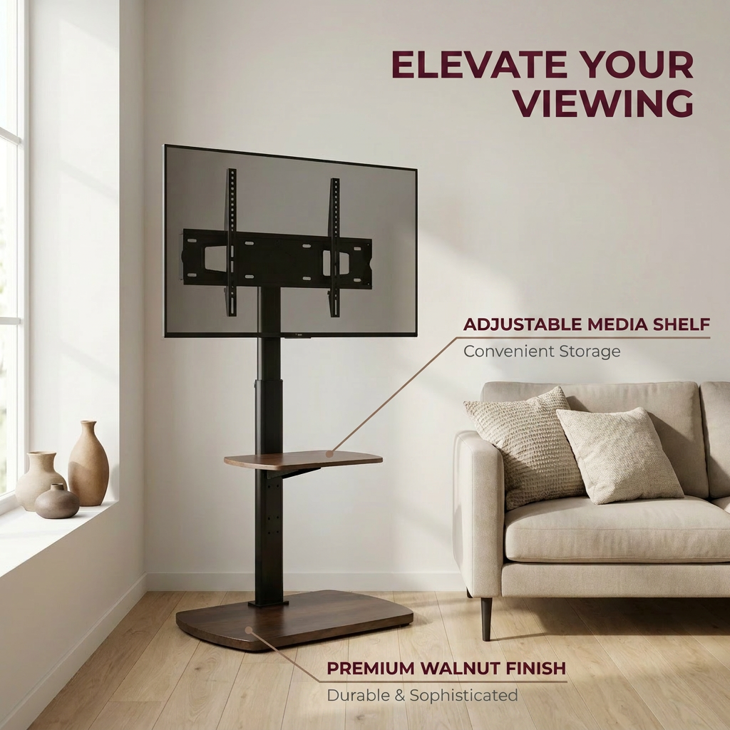 2 Tier Adjustable TV Media Floor Stand with 2 Shelves - Universal TV Mount 32-65 Inch