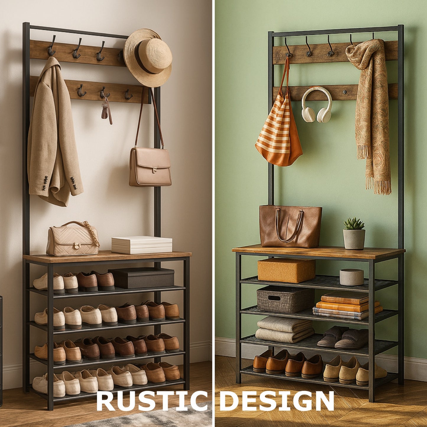 Coat Rack Stand with 5 Tier Shoe Bench - Hallway Entryway Shoe Storage Organiser