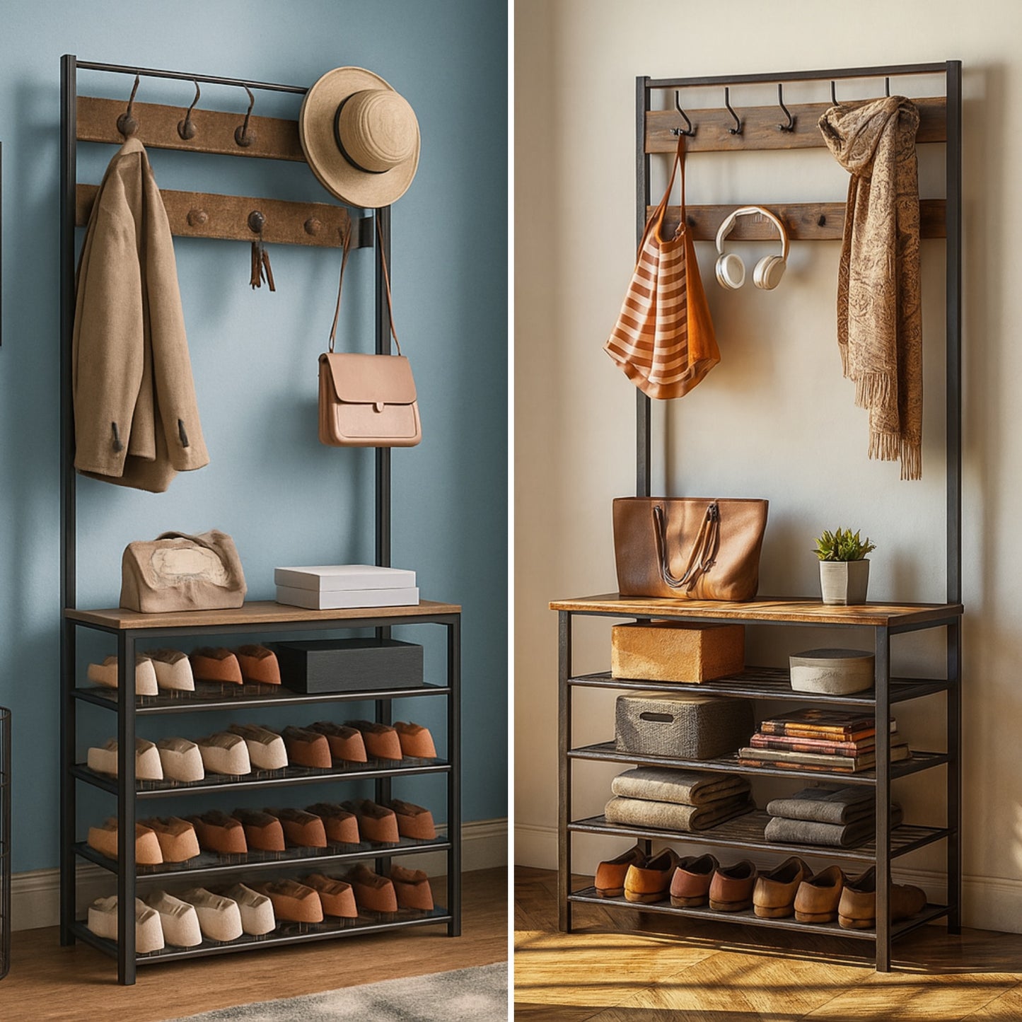 Coat Rack Stand with 5 Tier Shoe Bench - Hallway Entryway Shoe Storage Organiser