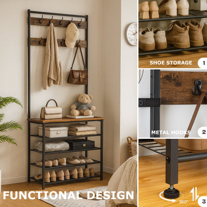 Coat Rack Stand with 5 Tier Shoe Bench - Hallway Entryway Shoe Storage Organiser
