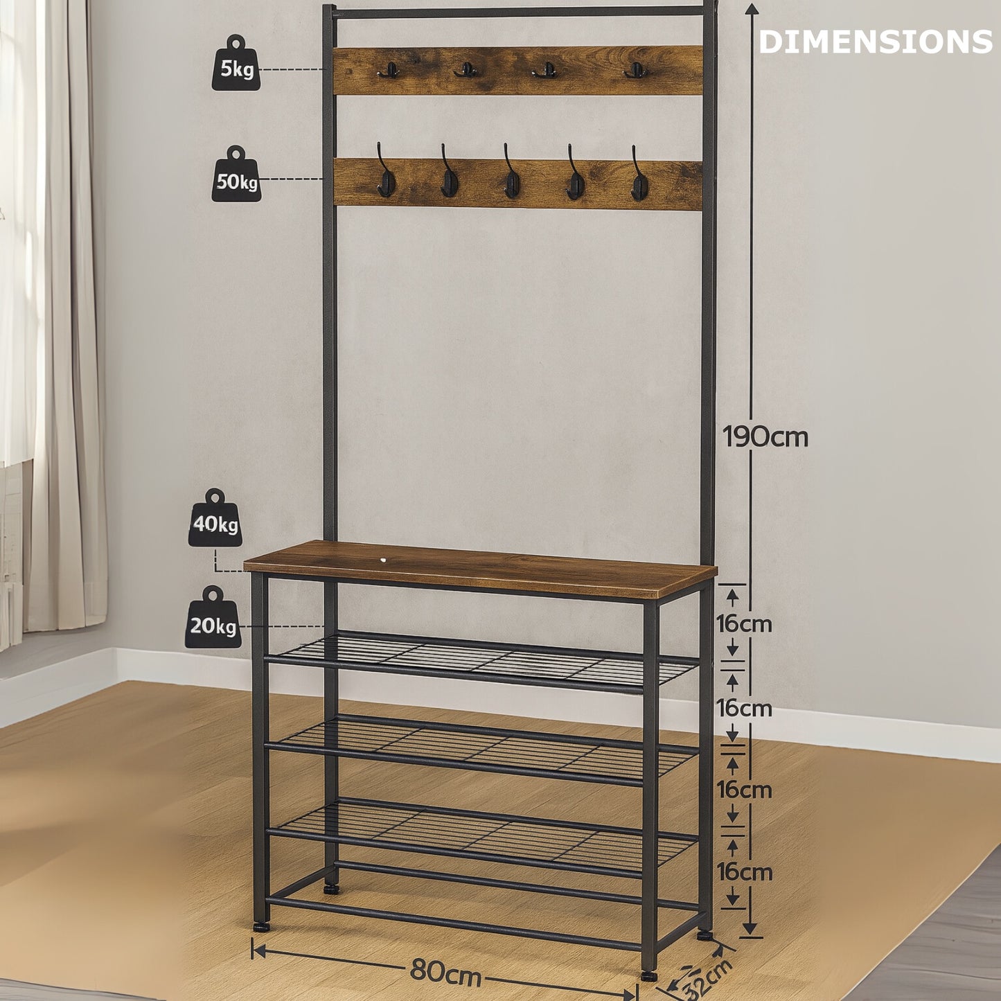 Coat Rack Stand with 5 Tier Shoe Bench - Hallway Entryway Shoe Storage Organiser