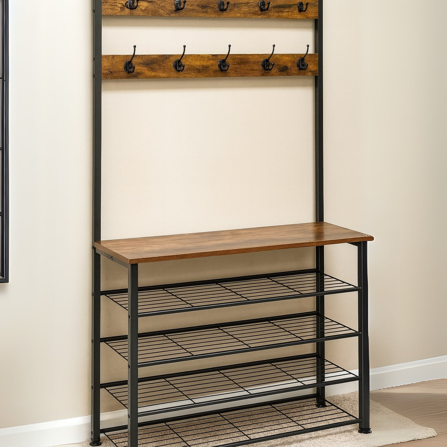 Coat Rack Stand with 5 Tier Shoe Bench - Hallway Entryway Shoe Storage Organiser