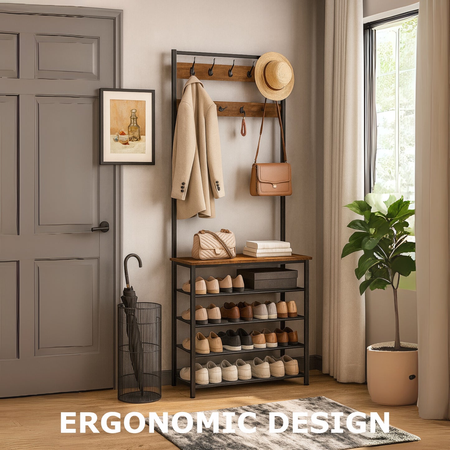 Coat Rack Stand with 5 Tier Shoe Bench - Hallway Entryway Shoe Storage Organiser