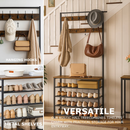 Coat Rack Stand with 5 Tier Shoe Bench - Hallway Entryway Shoe Storage Organiser