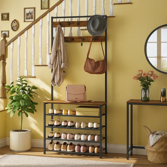 Coat Rack Stand with 5 Tier Shoe Bench - Hallway Entryway Shoe Storage Organiser