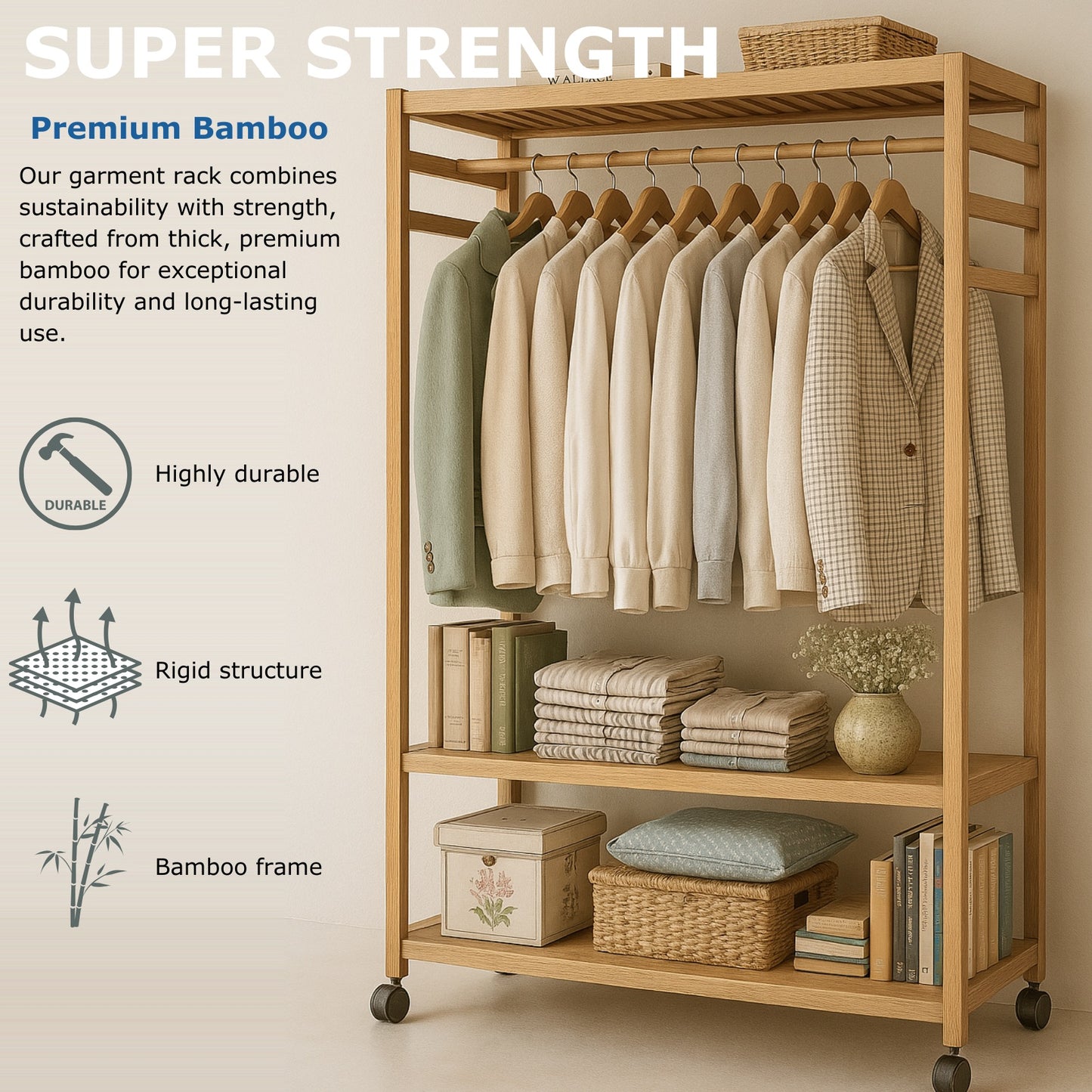 Bamboo 4-in-1 Open Wardrobe with Shoe Rack - Bedroom Clothes Storage Organiser