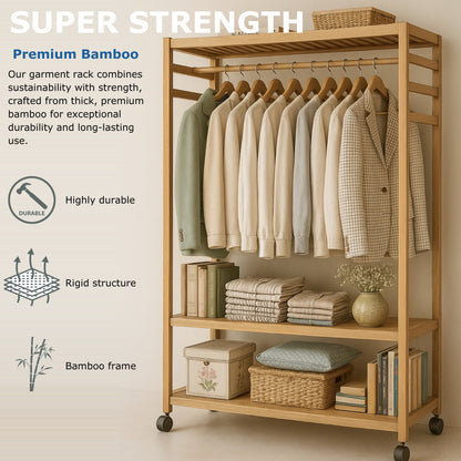 Bamboo 4-in-1 Open Wardrobe with Shoe Rack - Bedroom Clothes Storage Organiser