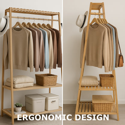Bamboo Clothes Rail with 2 Shelves - Freestanding Garment Rack Bedroom Storage