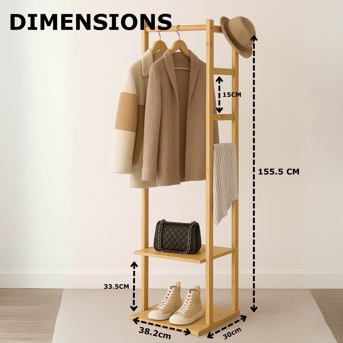 Narrow Bamboo Clothes Rail with 2 Shelves - Compact Garment Rack for Small Spaces