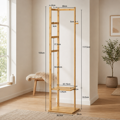 Narrow Bamboo Clothes Rail with 2 Shelves - Compact Garment Rack for Small Spaces