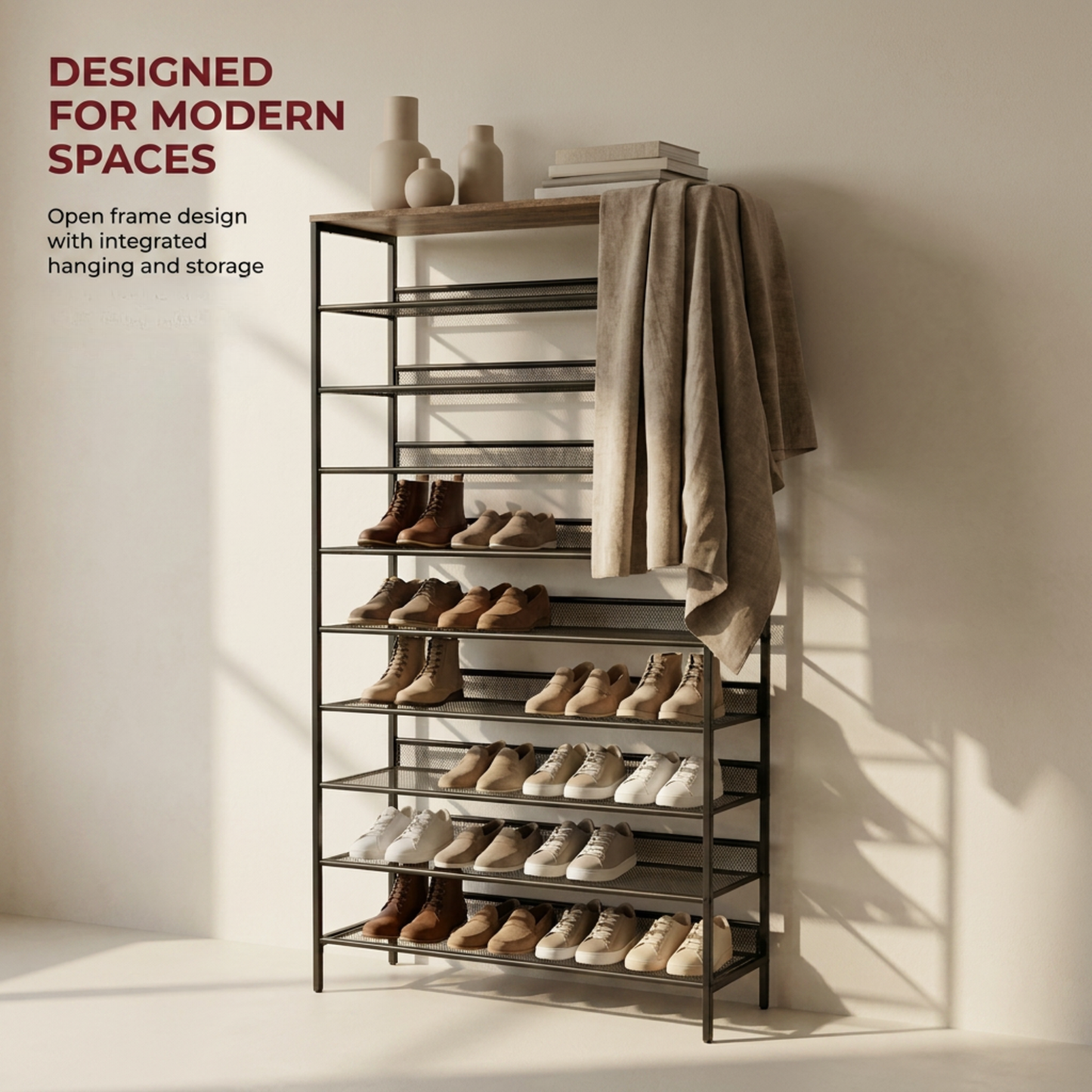 10 Tier Tall Shoe Rack - Free Standing Shoe Storage Organiser for 30 Pairs