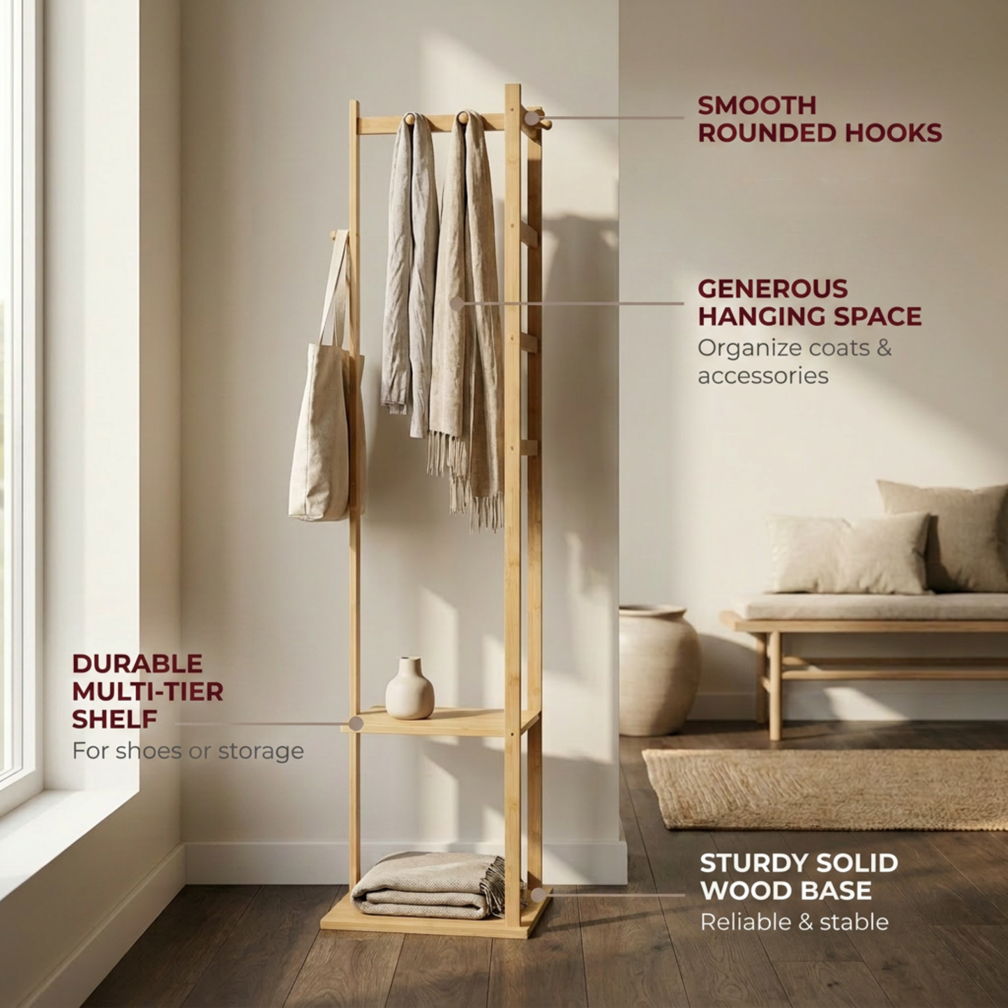 Narrow Bamboo Clothes Rail with 2 Shelves - Compact Garment Rack for Small Spaces