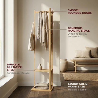 Narrow Bamboo Clothes Rail with 2 Shelves - Compact Garment Rack for Small Spaces