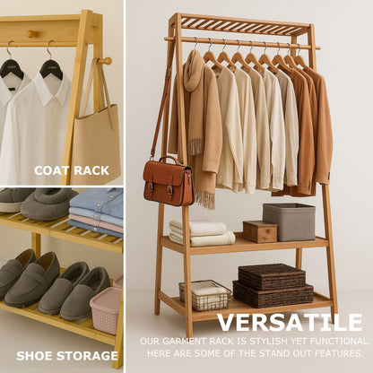 Bamboo Clothes Rail with 2 Shelves - Freestanding Garment Rack Bedroom Storage
