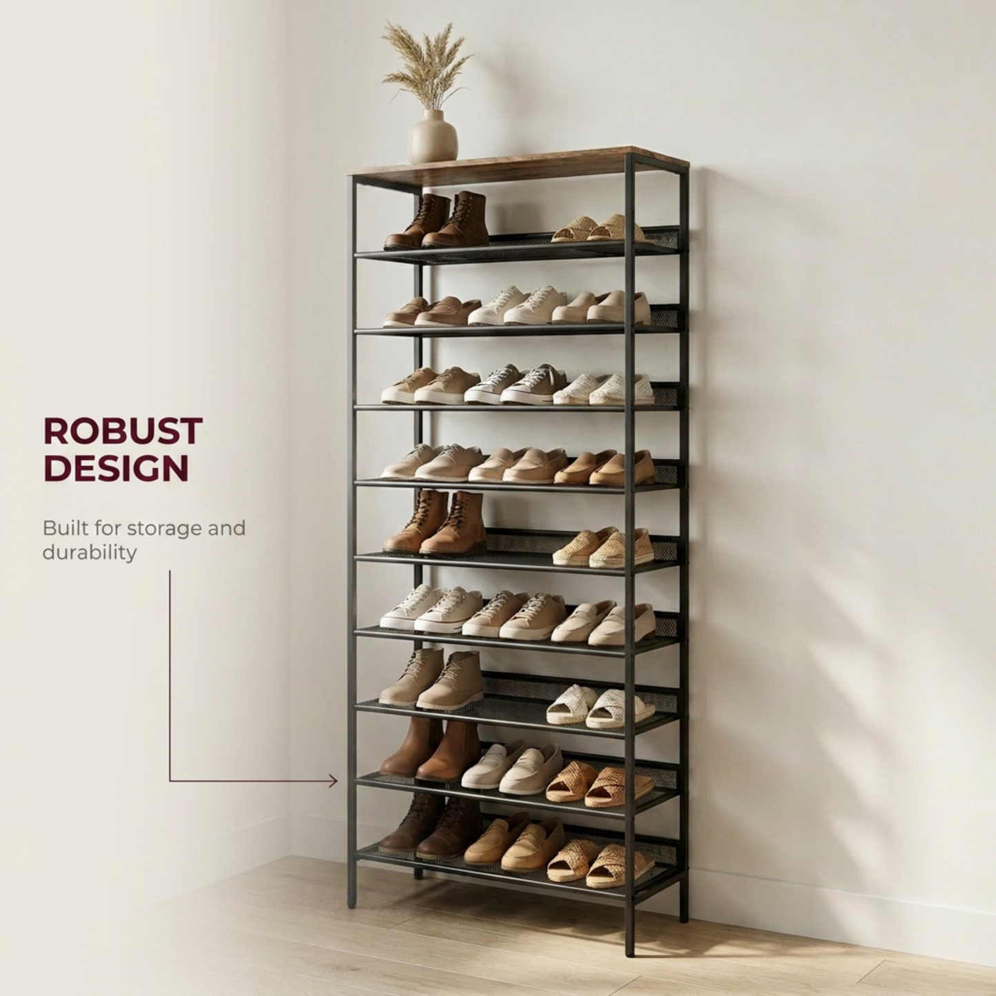 10 Tier Tall Shoe Rack - Free Standing Shoe Storage Organiser for 30 Pairs
