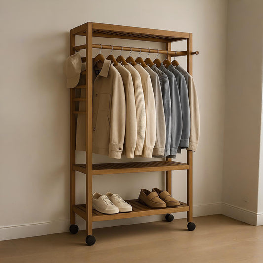 Bamboo 4-in-1 Open Wardrobe with Shoe Rack - Bedroom Clothes Storage Organiser