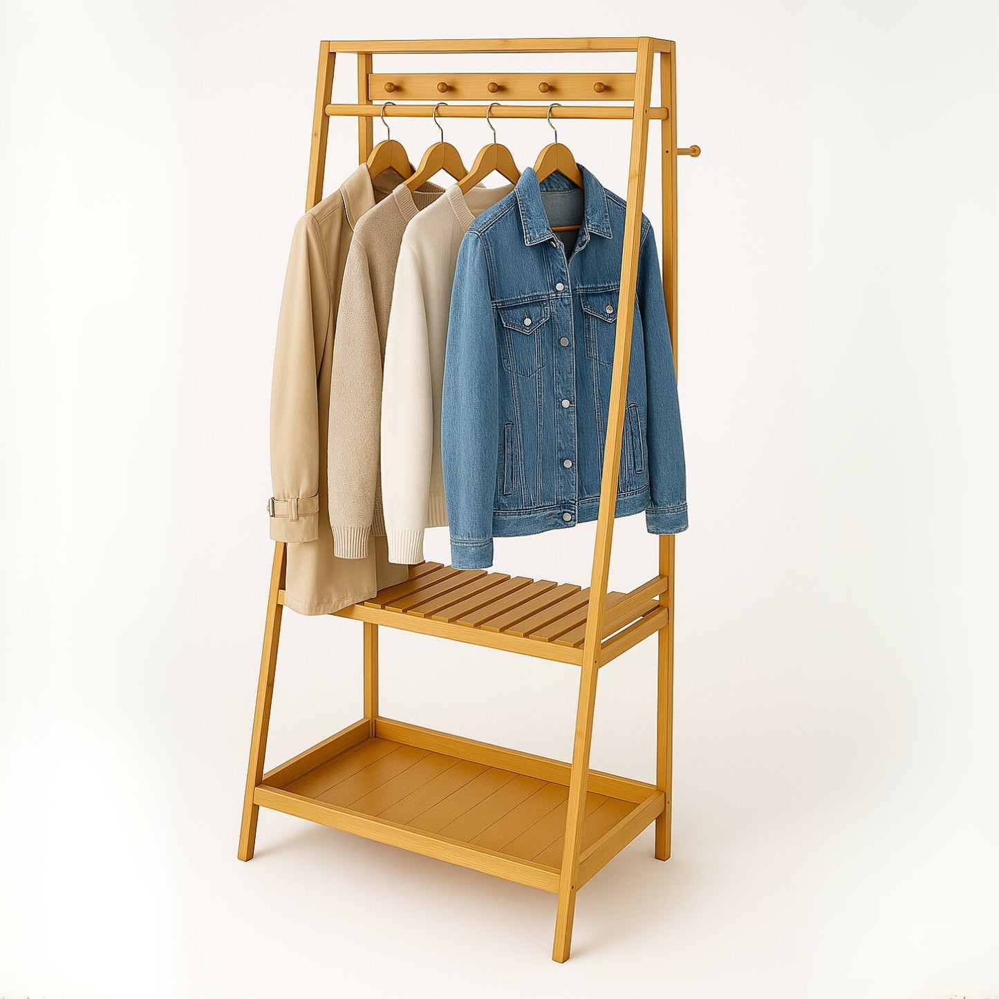 Bamboo Clothes Rail with 2 Shelves - Freestanding Garment Rack Bedroom Storage