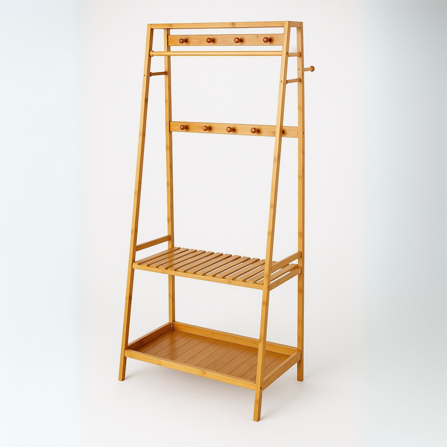 Bamboo Clothes Rail with 2 Shelves - Freestanding Garment Rack Bedroom Storage