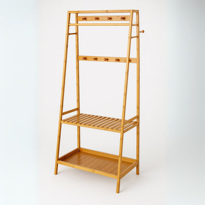 Bamboo Clothes Rail with 2 Shelves - Freestanding Garment Rack Bedroom Storage