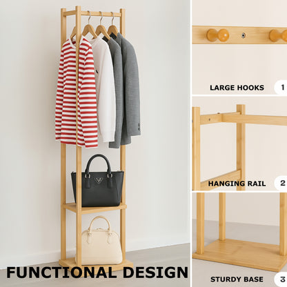 Narrow Bamboo Clothes Rail with 2 Shelves - Compact Garment Rack for Small Spaces