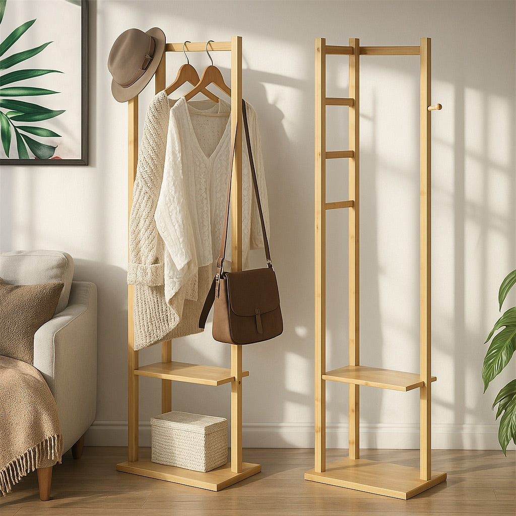 Narrow Bamboo Clothes Rail with 2 Shelves - Compact Garment Rack for Small Spaces