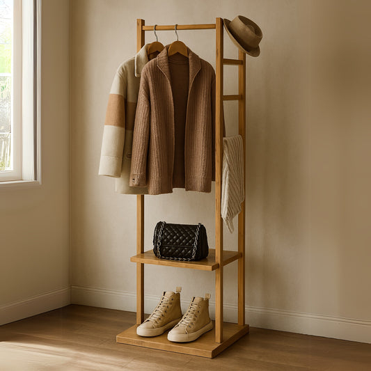 Narrow Bamboo Clothes Rail with 2 Shelves - Compact Garment Rack for Small Spaces