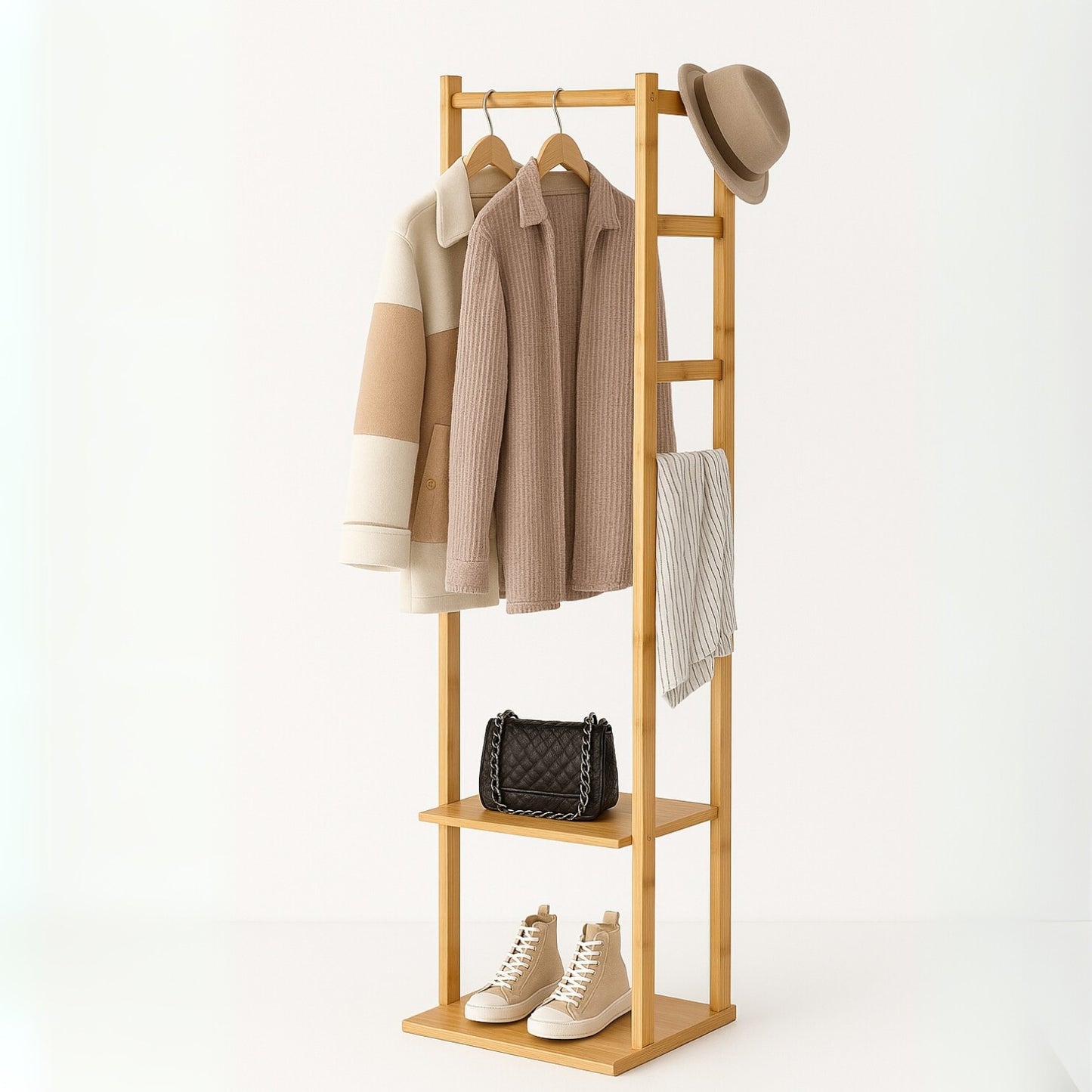 Narrow Bamboo Clothes Rail with 2 Shelves - Compact Garment Rack for Small Spaces