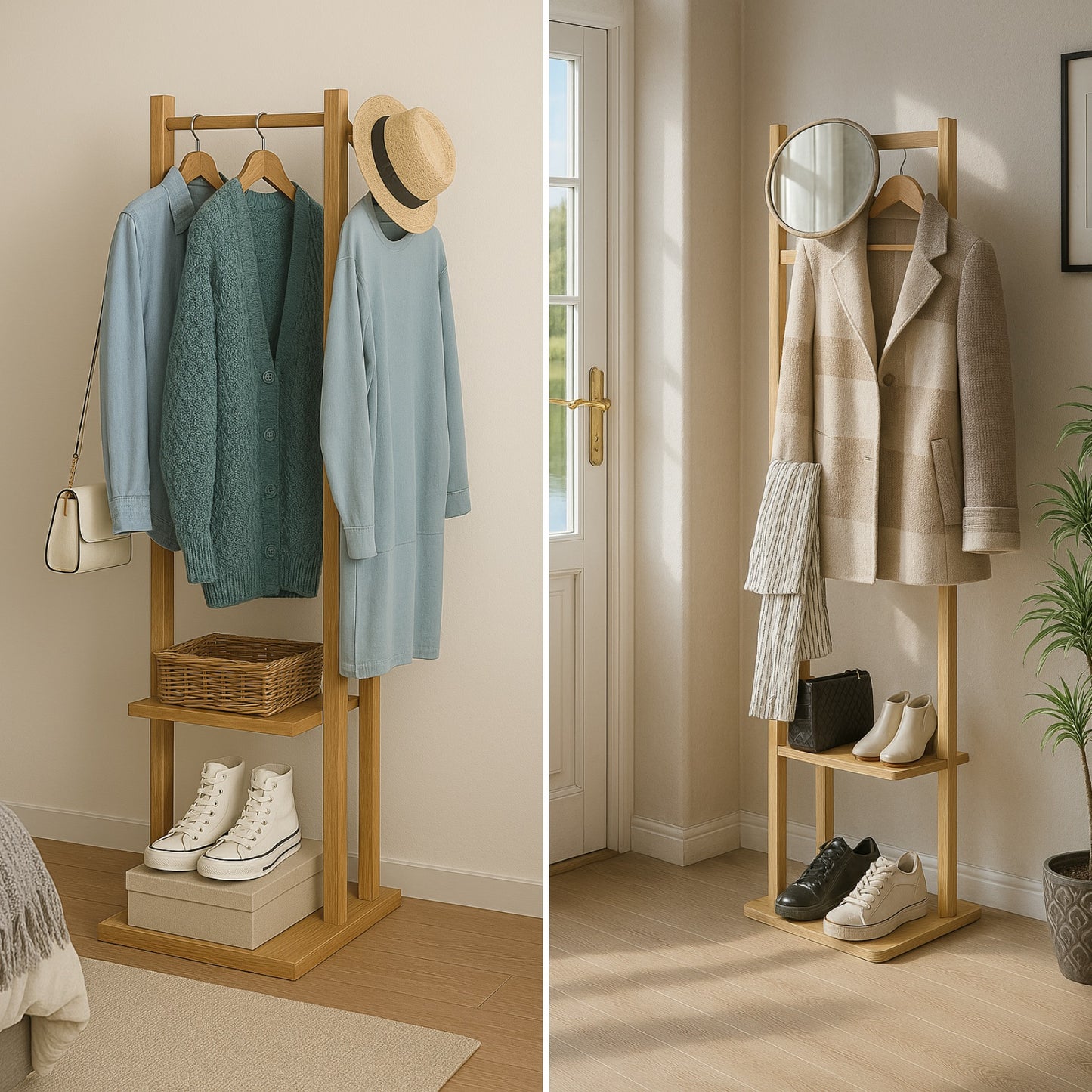 Narrow Bamboo Clothes Rail with 2 Shelves - Compact Garment Rack for Small Spaces