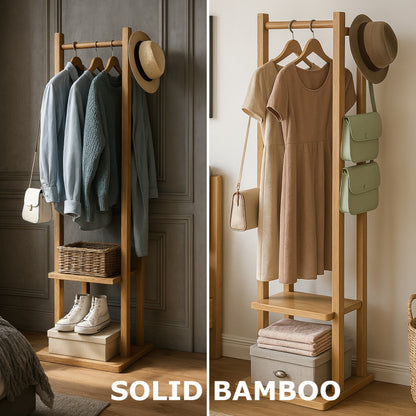 Narrow Bamboo Clothes Rail with 2 Shelves - Compact Garment Rack for Small Spaces