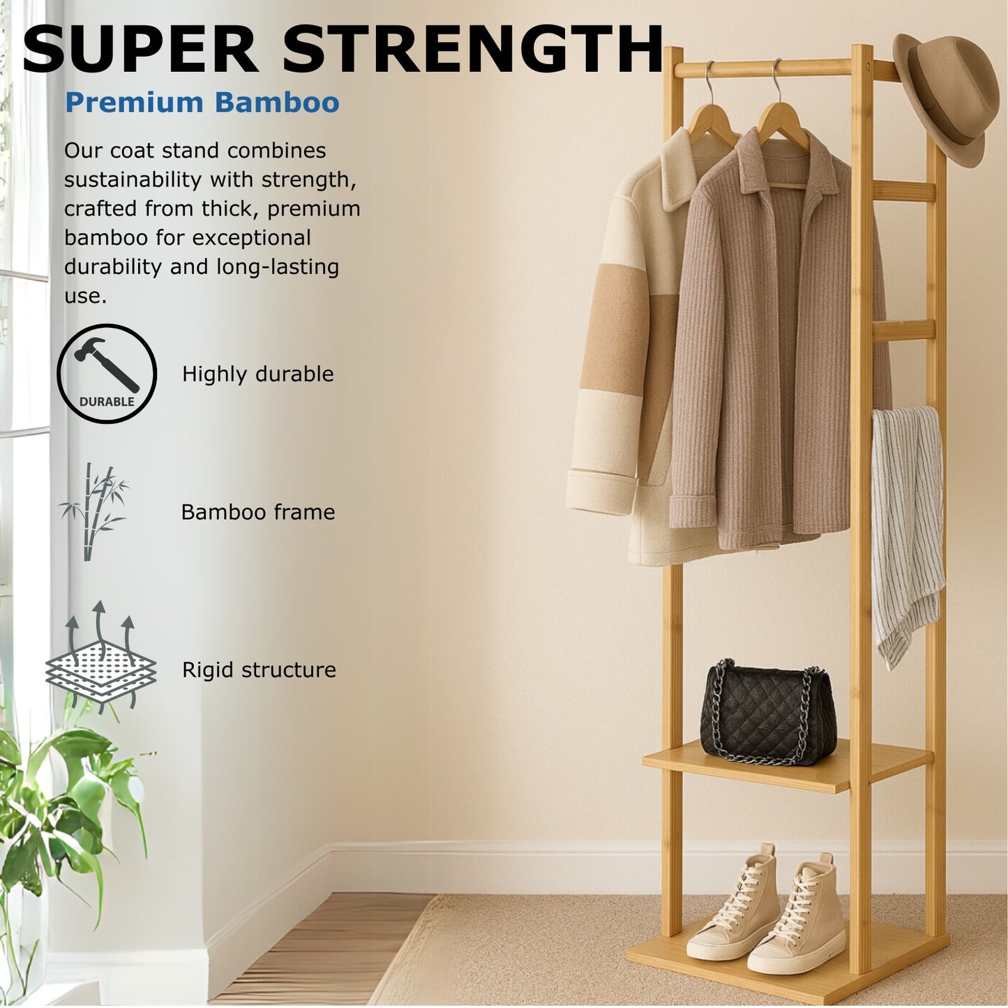 Narrow Bamboo Clothes Rail with 2 Shelves - Compact Garment Rack for Small Spaces