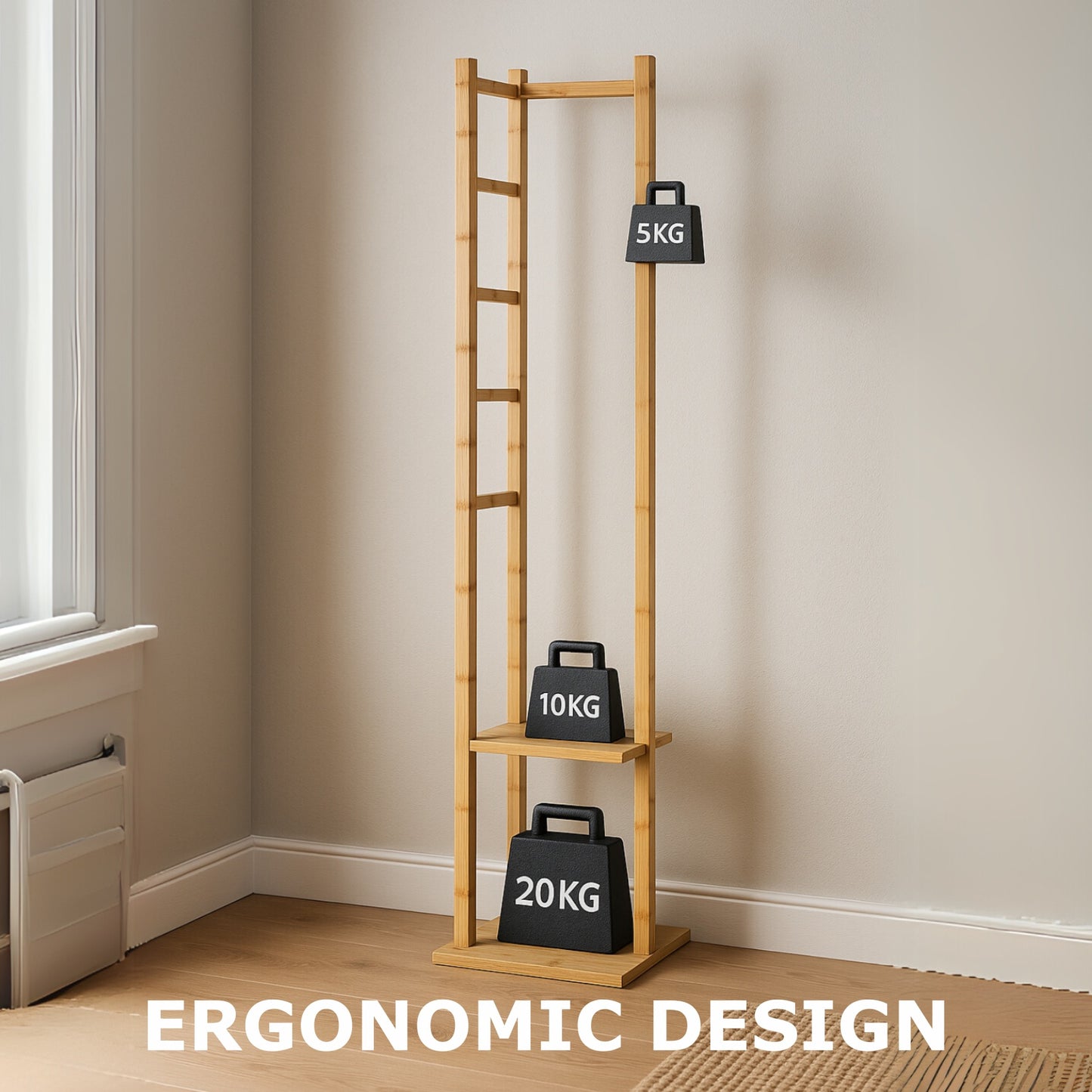 Narrow Bamboo Clothes Rail with 2 Shelves - Compact Garment Rack for Small Spaces
