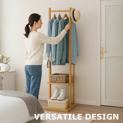 Narrow Bamboo Clothes Rail with 2 Shelves - Compact Garment Rack for Small Spaces