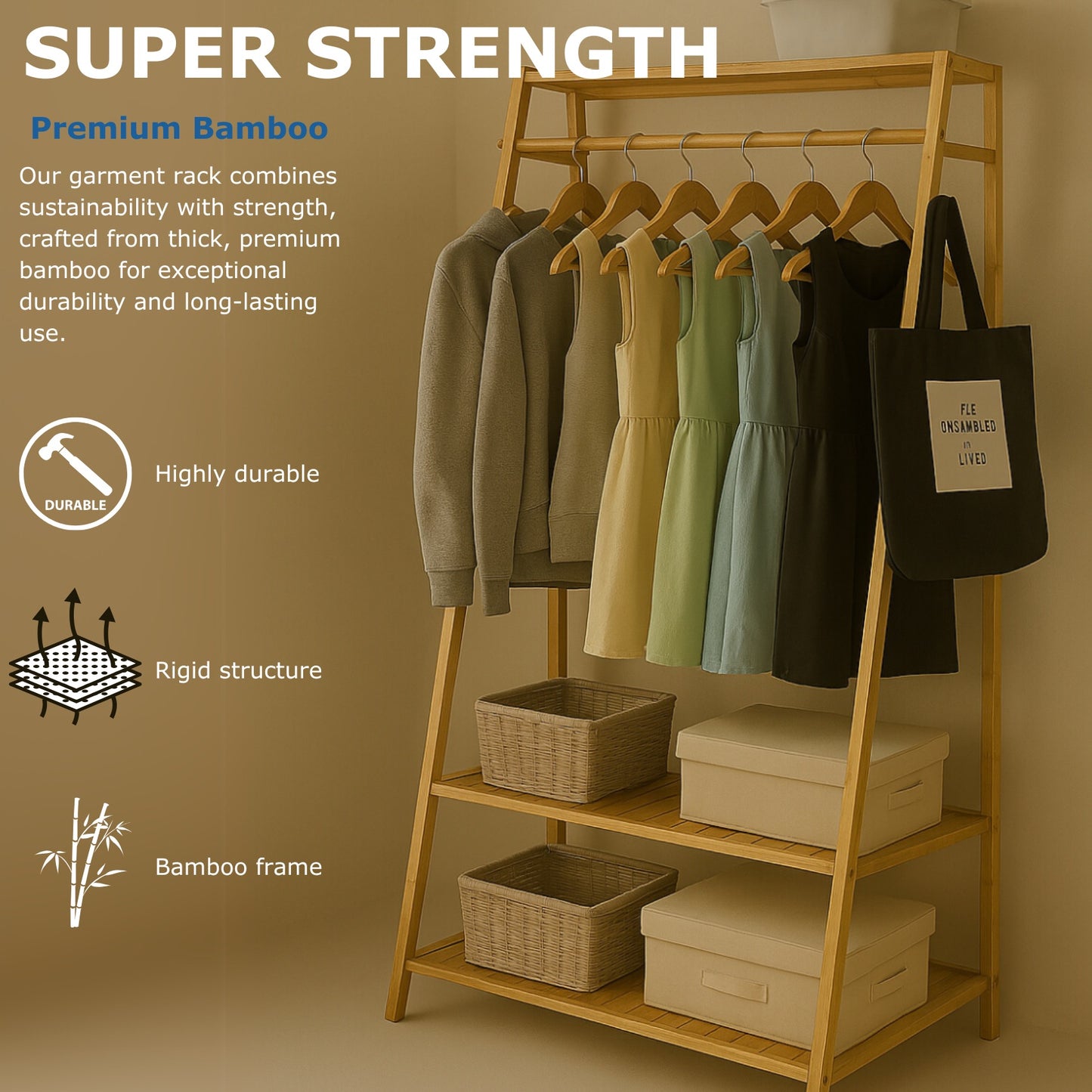 Bamboo Clothes Rail with 2 Shelves - Freestanding Garment Rack Bedroom Storage