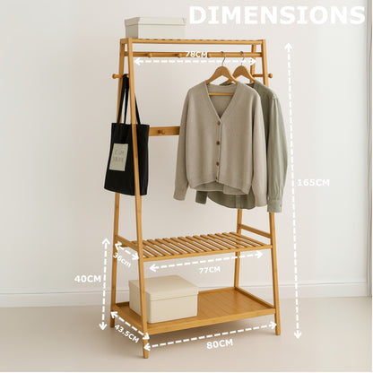 Bamboo Clothes Rail with 2 Shelves - Freestanding Garment Rack Bedroom Storage
