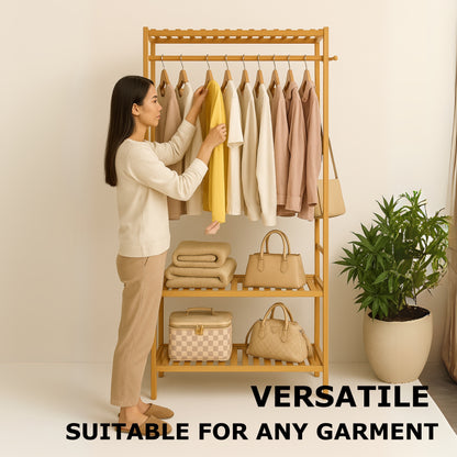 Bamboo Clothes Rail with 2 Shelves - Freestanding Garment Rack Bedroom Storage