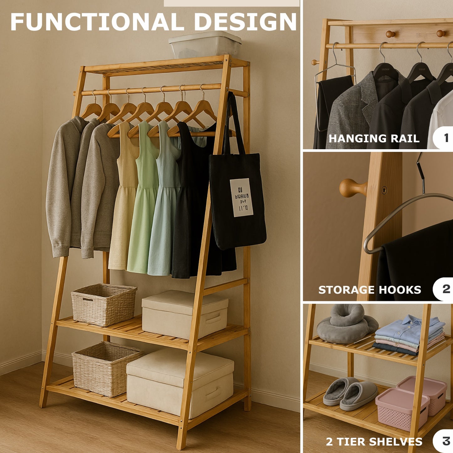 Bamboo Clothes Rail with 2 Shelves - Freestanding Garment Rack Bedroom Storage
