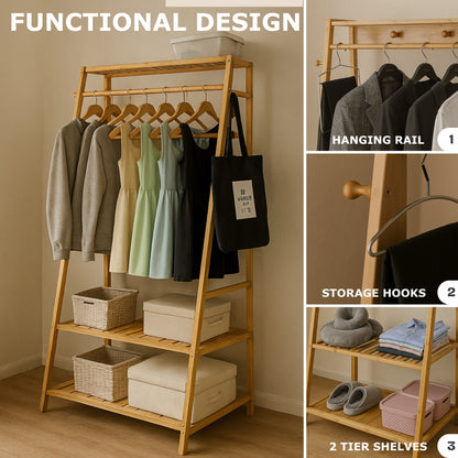 Bamboo Clothes Rail with 2 Shelves - Freestanding Garment Rack Bedroom Storage