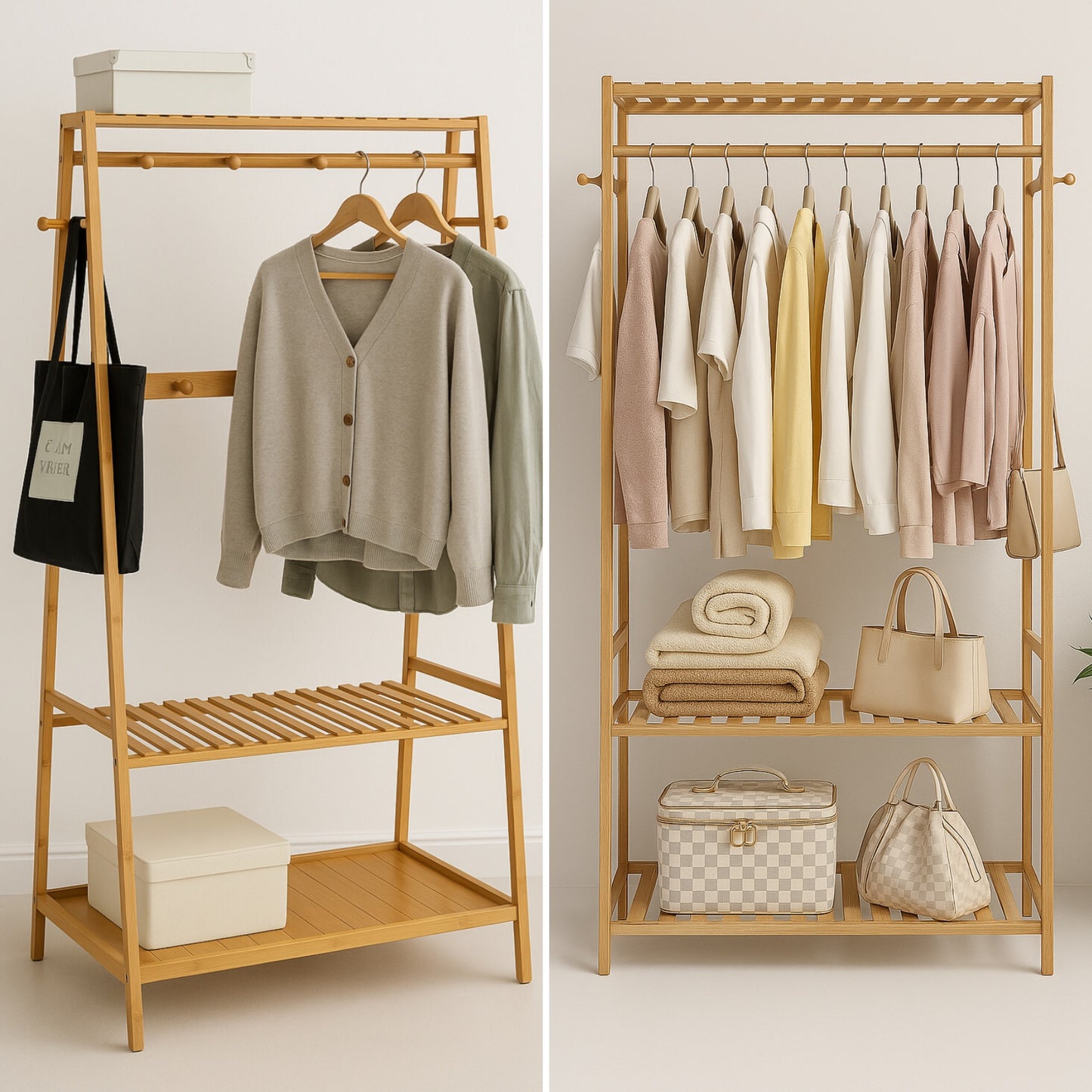 Bamboo Clothes Rail with 2 Shelves - Freestanding Garment Rack Bedroom Storage