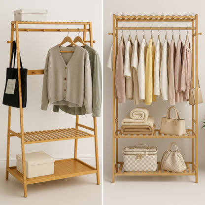 Bamboo Clothes Rail with 2 Shelves - Freestanding Garment Rack Bedroom Storage