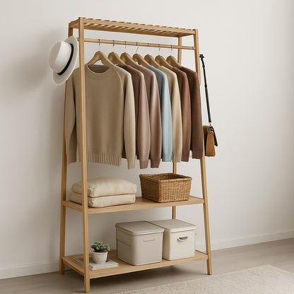 Bamboo Clothes Rail with 2 Shelves - Freestanding Garment Rack Bedroom Storage