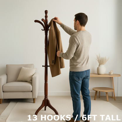 Wooden Coat Stand with 13 Hooks - Freestanding Hat & Coat Hanger Tree Rack